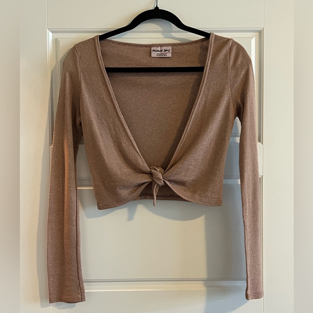 Michael Stars Dusty Taupe Tie-Front Long Sleeve Cropped Cardigan